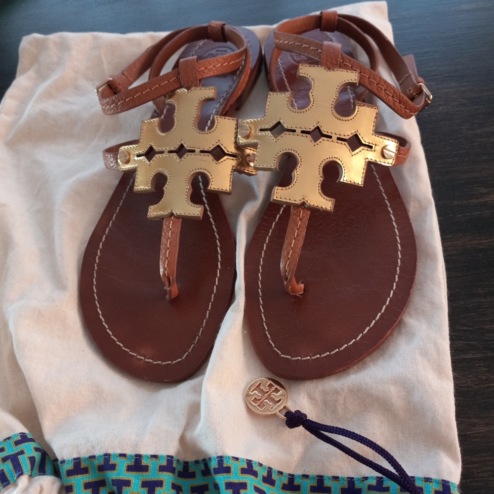 Tory Burch brown and gold leather sandals